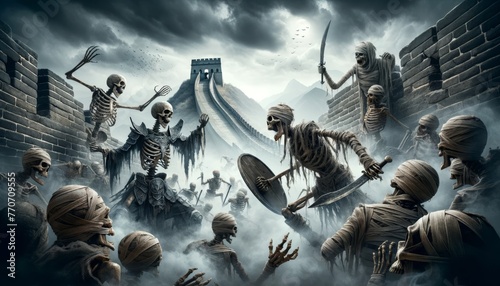 A battle between skeletons and mummies, with shields and swords, with fog, in the background the Great Wall of China, with a dark and cloudy sky. photo
