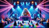The cat discotheque, brimming with vibrant neon lights and spotlights, embodying the quintessential disco flair. The dance floor dazzles with blinking lights and laser beams