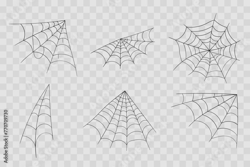 Halloween cobweb, frames and borders, scary elements for decoration. Hand drawn spider web or cobweb. Line art, sketch style spider web elements, spooky, scary image. Vector illustration. 