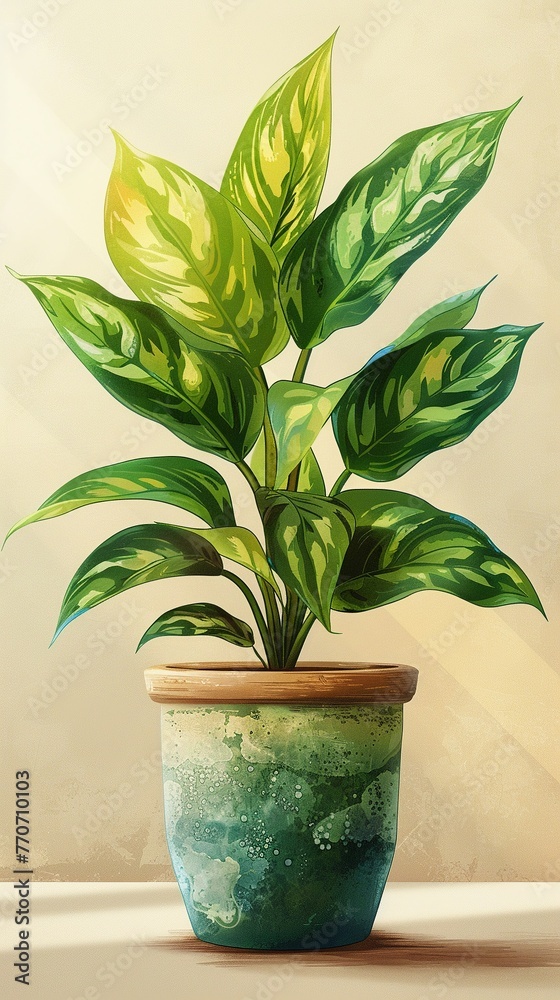 Vibrant houseplant in recycled pot, vector style, side angle, isolated, with warm lighting