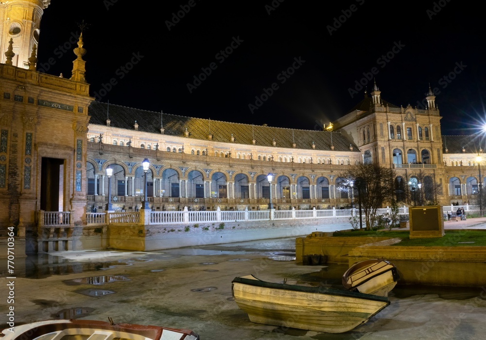 The Spanish Square at night a touristic place located in a large park in the center of Seville.