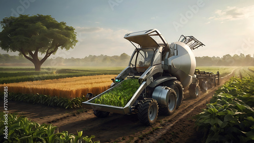 A gracefully reaping villager effortlessly gathers his bountiful crops thanks to advanced technology. The scene depicts a futuristic farming method in a captivatingly detailed photograph