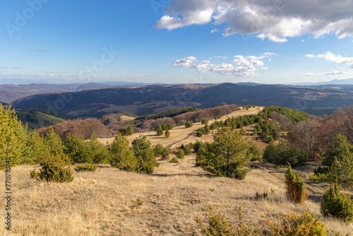 Landscape of the Vitosha Mountain covered in greenery under a blue cloudy sky in Bulgaria