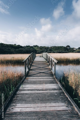 Vertical shot of the Princetown Wetland boardwalk under a blue cloudy sky in Australia