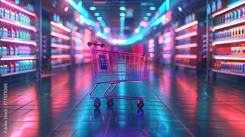 a shopping cart in a contemporary mall, bathed in neon light, hinting at a cyberpunk influence on today's consumer habits and shopping environments.