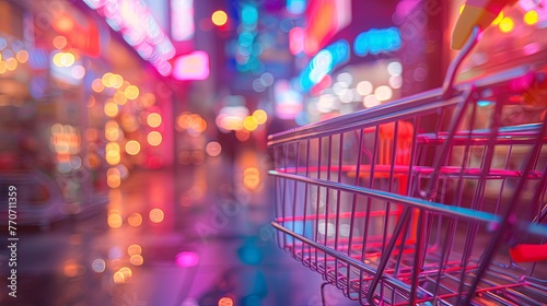 A vivid image of a shopping cart in a neon-infused retail space, this picture captures the essence of modern consumerism and the intersection of shopping and art.
