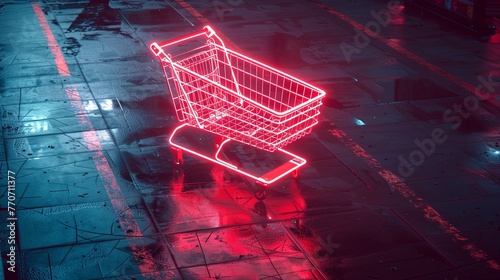 A 3D rendering capturing a top view of a shopping cart, glowing with integrated neon lights, navigating through a dark, modern store illuminated by spot neon lighting. photo