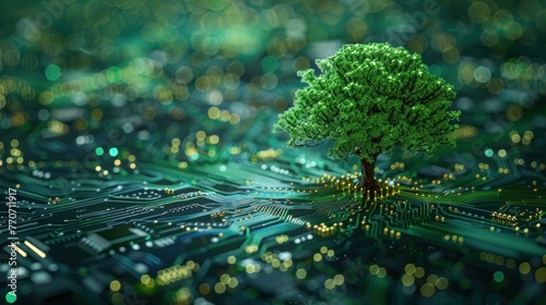 Digital green tree on computer circuit board, innovation and sustainability concept, Generative AI illustration