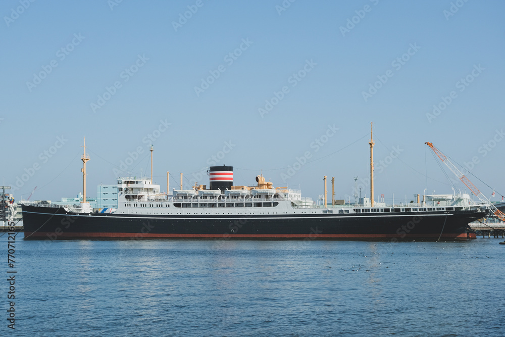 Classic historic cruiseship cruise ship ocean liner Hikawa Maru in Yokohama port near Tokyo, Japan Classic historic cruiseship cruise ship ocean liner Hikawa Maru in Yokohama port near Tokyo, Japan