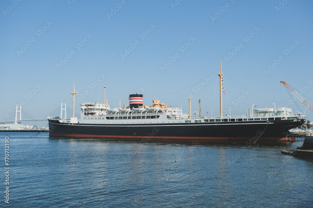 Classic historic cruiseship cruise ship ocean liner Hikawa Maru in Yokohama port near Tokyo, Japan Classic historic cruiseship cruise ship ocean liner Hikawa Maru in Yokohama port near Tokyo, Japan