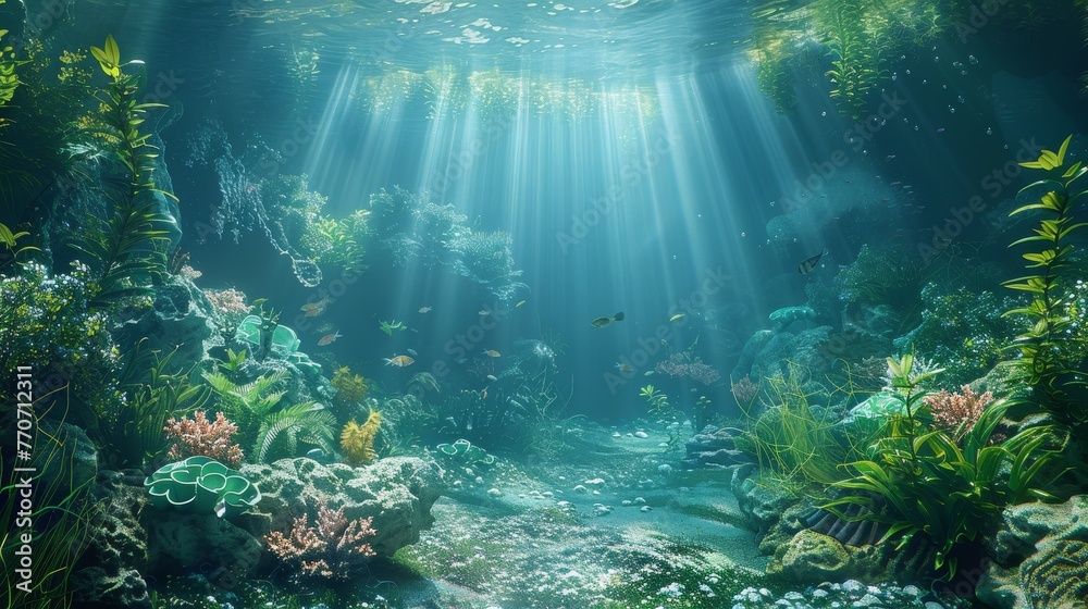 Obraz premium An underwater oasis depicting tranquil sunbeams filtering through the water, illuminating the rich marine flora and small fishes, ideal for serene and calming backgrounds.