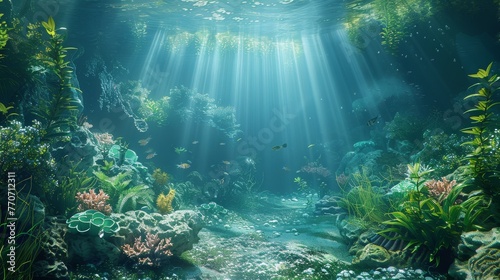 An underwater oasis depicting tranquil sunbeams filtering through the water, illuminating the rich marine flora and small fishes, ideal for serene and calming backgrounds.