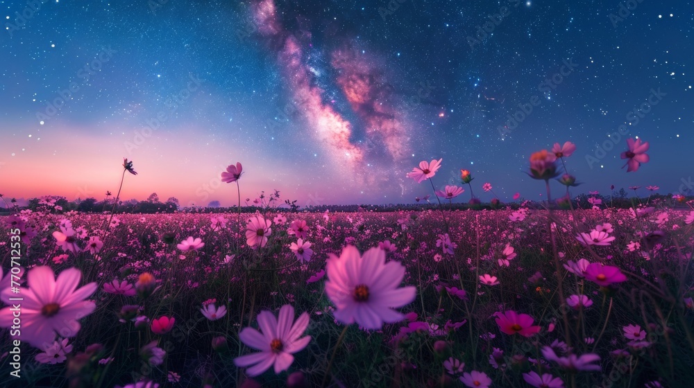 A vibrant flower field bathed in the dusk light with the Milky Way ...