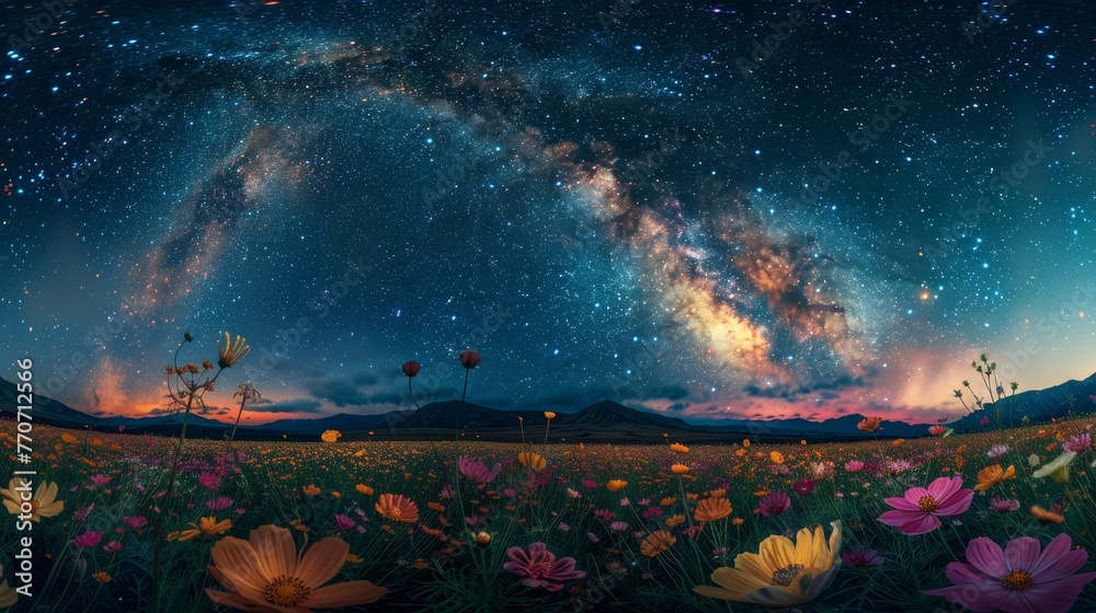 A vibrant flower field bathed in the dusk light with the Milky Way painting a cosmic backdrop, offering a dreamlike scene that merges the beauty of earth and sky. A vibrant flower field bathed in the dusk light with the Milky Way painting a cosmic backdrop, offering a dreamlike scene that merges the beauty of earth and sky.