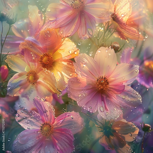 An artistic close-up of cosmos flowers during a light rain, each petal adorned with raindrops. The background is a soft blur of greens and other floral colors