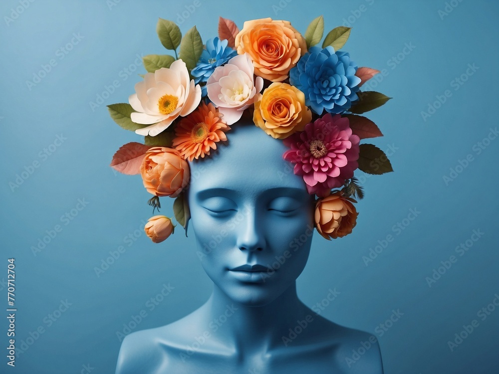 Mannequin head with flowers isolated on blue background. 
Emotional balance concept, stress management, mental health awareness