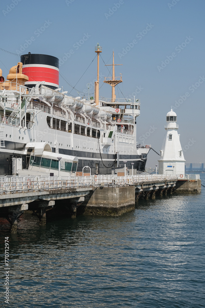 Classic historic cruiseship cruise ship ocean liner Hikawa Maru in Yokohama port near Tokyo, Japan Classic historic cruiseship cruise ship ocean liner Hikawa Maru in Yokohama port near Tokyo, Japan