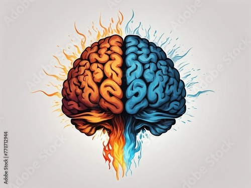 Human brain illustration with two different sides: fire and ice. Confusion, disorder or balance emotion control concept