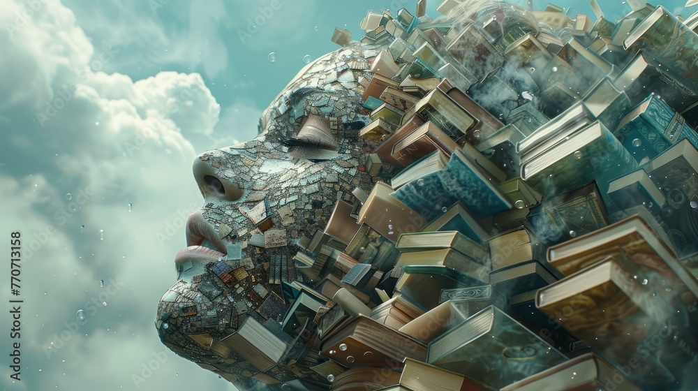 Obraz premium Surrealistic composition of a face emerging from a collage of books and fragmented buildings against a cloudy sky.