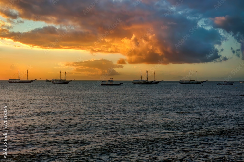Fleet of boats silhouetted against the horizon, illuminated by a stunning sunset