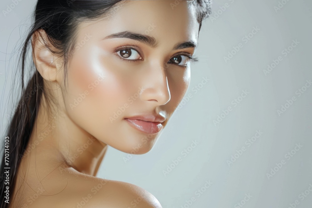 Naklejka premium Radiant Skin: Realistic Indian Woman in Cosmetics Advertisement generative ai