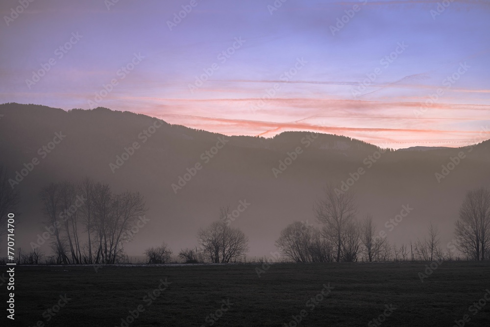 Scenic view of a snowy mountain range covered with a forest at a foggy sunset