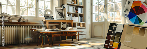 Sophisticated Home Office with a Classic Design, Offering a Comfortable Workspace with Wooden Furniture and Bookshelves