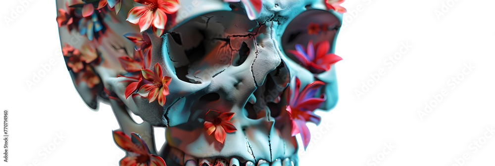 A skull with a floral colorful flowers on a white transparent background, Day of the dead remembrance day skull decorated with flowers the day of the dead concept   