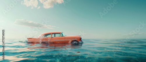 A vintage car floating on a calm ocean, with a clear sky above and fish swimming around it, blending past and future, cinematic style , professional color grading,