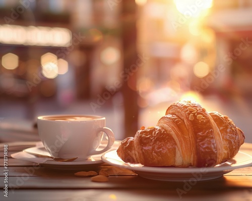 Almond croissant, cafe terrace at sunrise, cappuccino on side, closeup, photorealistic, warm hues, food photograpy , digital photography photo