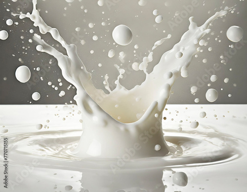 Splashing milk and bubbles on gray background, Generative AI 