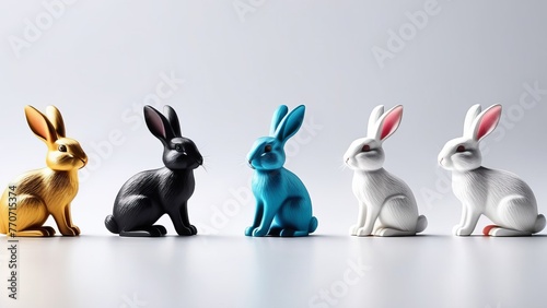 A row of five rabbits, each with a different color, sit on a white surface. The rabbits are arranged in a line, with the first one on the left and the last one on the right photo