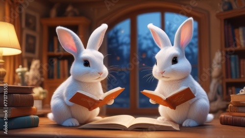 Two rabbits are sitting on a table reading a book. The book is open to a page with a picture of a rabbit on it. The rabbits are wearing ties and seem to be enjoying their time reading