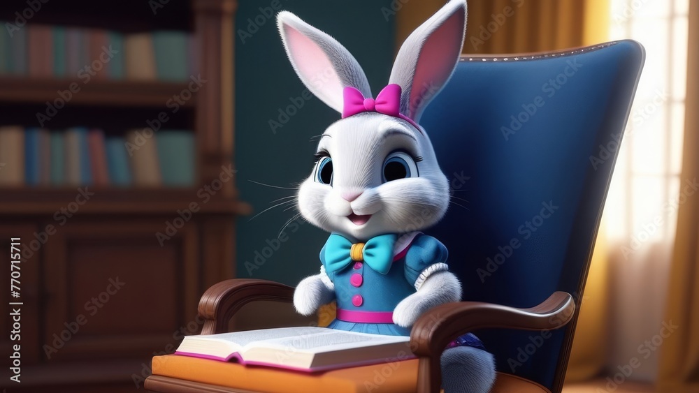 A rabbit is sitting on a chair and reading a book. The rabbit is wearing a blue shirt and a red bow tie. The scene is set in a room with a table and a chair