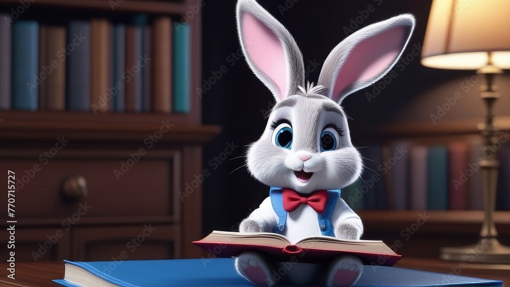 A rabbit is sitting on a chair and reading a book. The rabbit is wearing a blue shirt and a red bow tie. The scene is set in a room with a table and a chair
