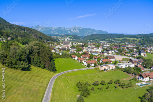 Village of Frastanz in the Walgau Valley, State of Vorarlberg, Austria. Dronephotography photo