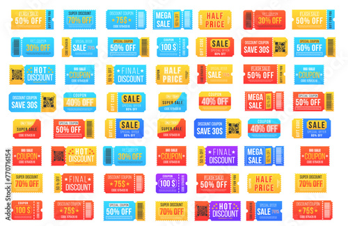 Vintage cinema ticket concert and festival event, movie theater coupon. Half price offer, promo code gift voucher and coupons template. Big sale and super sale coupon discount. Vector illustration.
