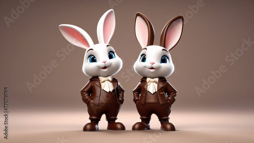 Two brown rabbits wearing blue jackets and blue badges. One of the rabbits is smiling. The rabbits are standing next to each other © Sarbinaz Mustafina