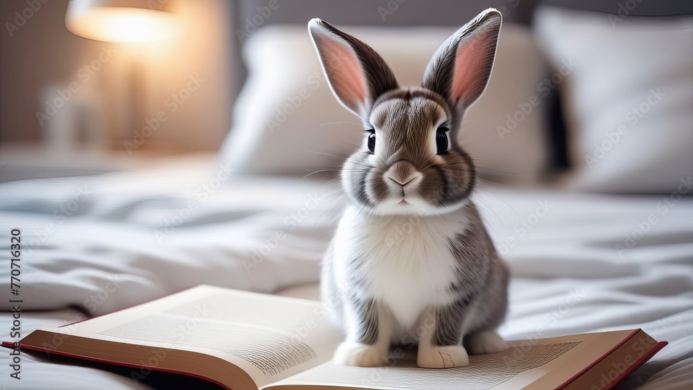 A rabbit is sitting on a bed reading a book. The rabbit is looking at the camera with a curious expression. The scene is set in a bedroom with a lamp on the left side of the bed