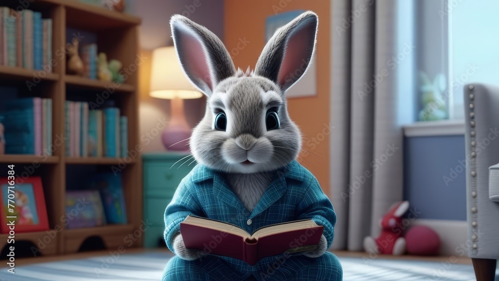 A rabbit is sitting in a room with a book in its lap. The rabbit is wearing a blue shirt and he is reading the book. The room is filled with books, including a large collection of books on a shelf