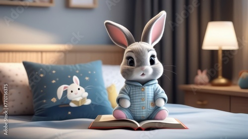 A rabbit is sitting on a bed reading a book. The rabbit is looking at the camera with a curious expression. The scene is set in a bedroom with a lamp on the left side of the bed © Sarbinaz Mustafina
