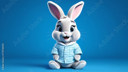 A cartoon rabbit is sitting on a blue background with a blue shirt on. The rabbit is smiling and he is happy