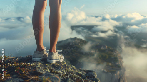 A woman's feet stand on a high mountain.