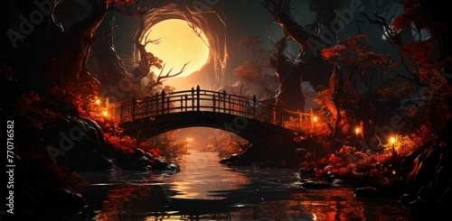 AI generated illustration of a night sky over a bridge, with a bright fire burning on the river photo