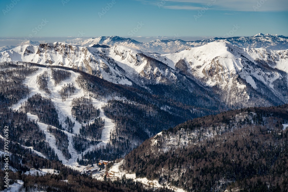 Stunning winter landscape featuring a majestic mountain range, Montenegro