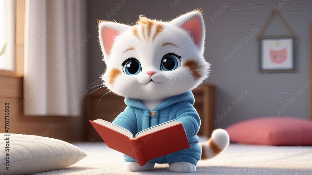 A cute cat is sitting on a bed with an open book in front of it. The cat is wearing a blue bandana and has a heart on its chest. The scene is playful and lighthearted A cute cat is sitting on a bed with an open book in front of it. The cat is wearing a blue bandana and has a heart on its chest. The scene is playful and lighthearted