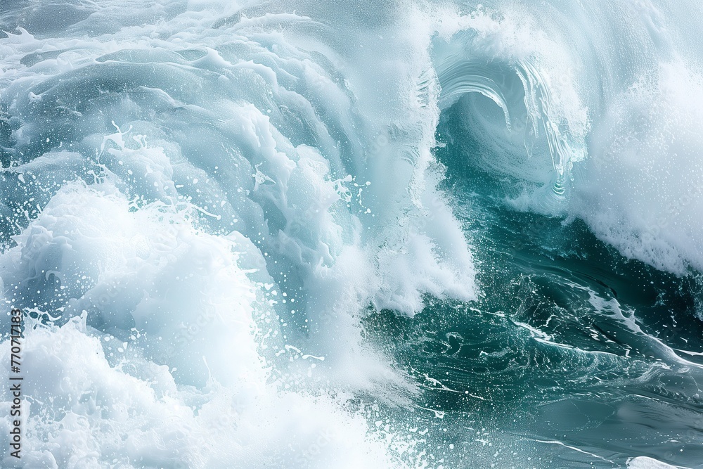 Fototapeta premium Close-up of a foamy wave curling as it rolls in the ocean or sea, capturing the raw power and beauty of nature's motion.