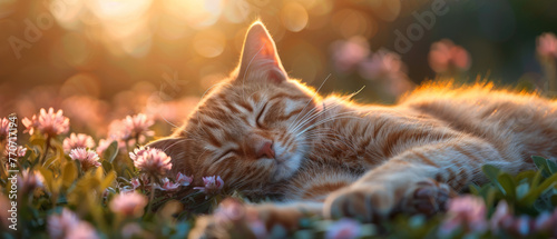 A cute red cat sleeps sweetly on the green grass among flowers against the backdrop of sunset. © Evgeniia
