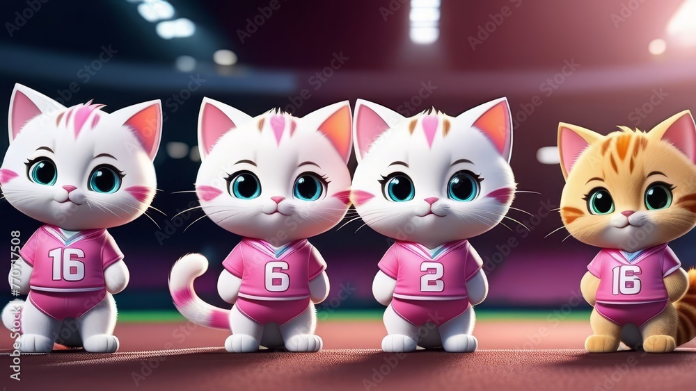 Three cats wearing pink and white uniforms with the letters AR on them. They are standing in a room with a window