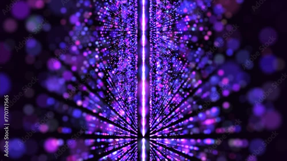 Gorgeous multicolored futuristic light rays shining and reflecting in the space. Abstract technology, science and AI background. Shining purple mirror tunnel in the Universe. Magic background. 4k.